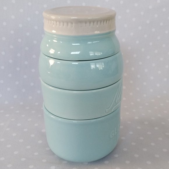 Cost Plus World Market Blue Ceramic Mason Jar Style Stackable Measuring Cups - Picture 3 of 11